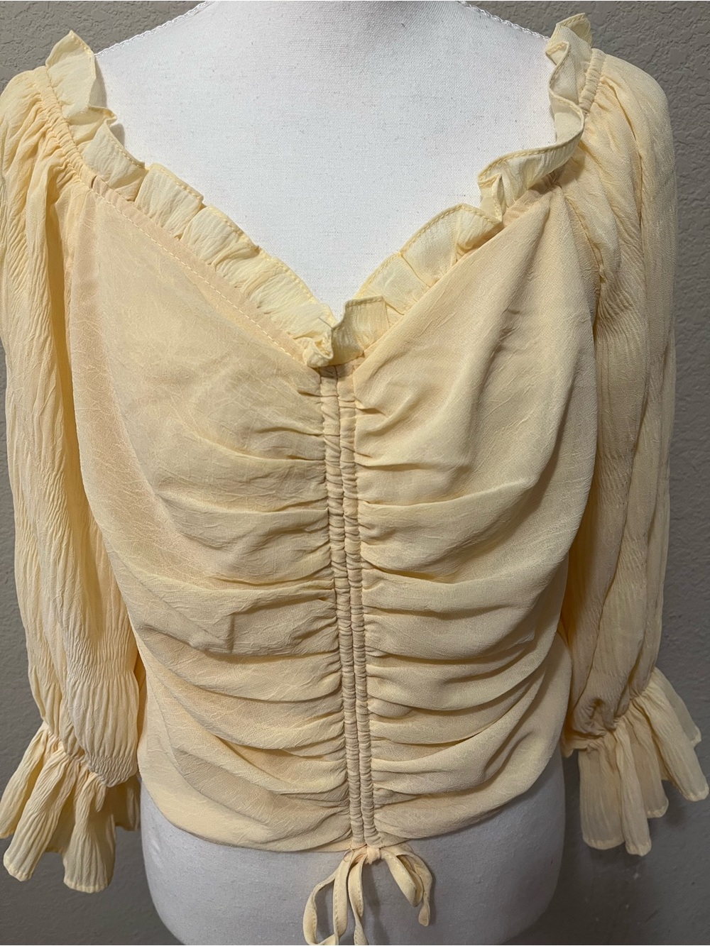 Ruched Butter Yellow Ruffle-Neck Peasant Blouse